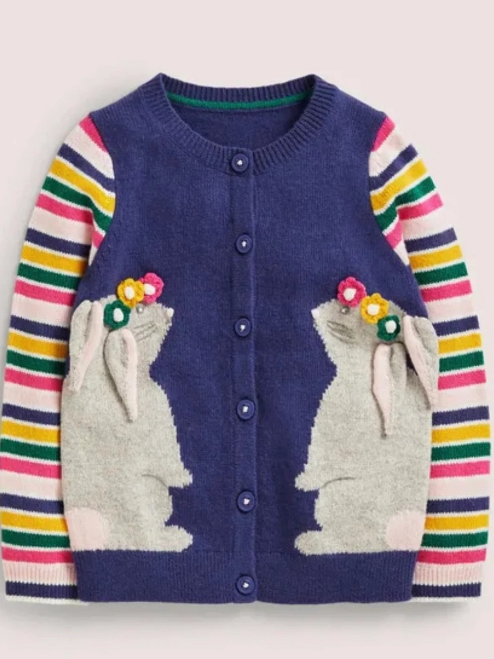 Mini Boden Blue Bunny Cardigan with Striped Sleeves